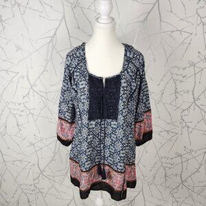 Solitaire Artsy Paisley Printed Crochet Overlay Peasant Tunic